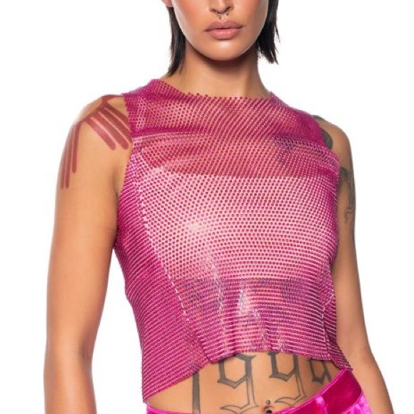 Tops - •Zelda• Rhinestone Mesh Sleeveless Crop Top In Fuchsia